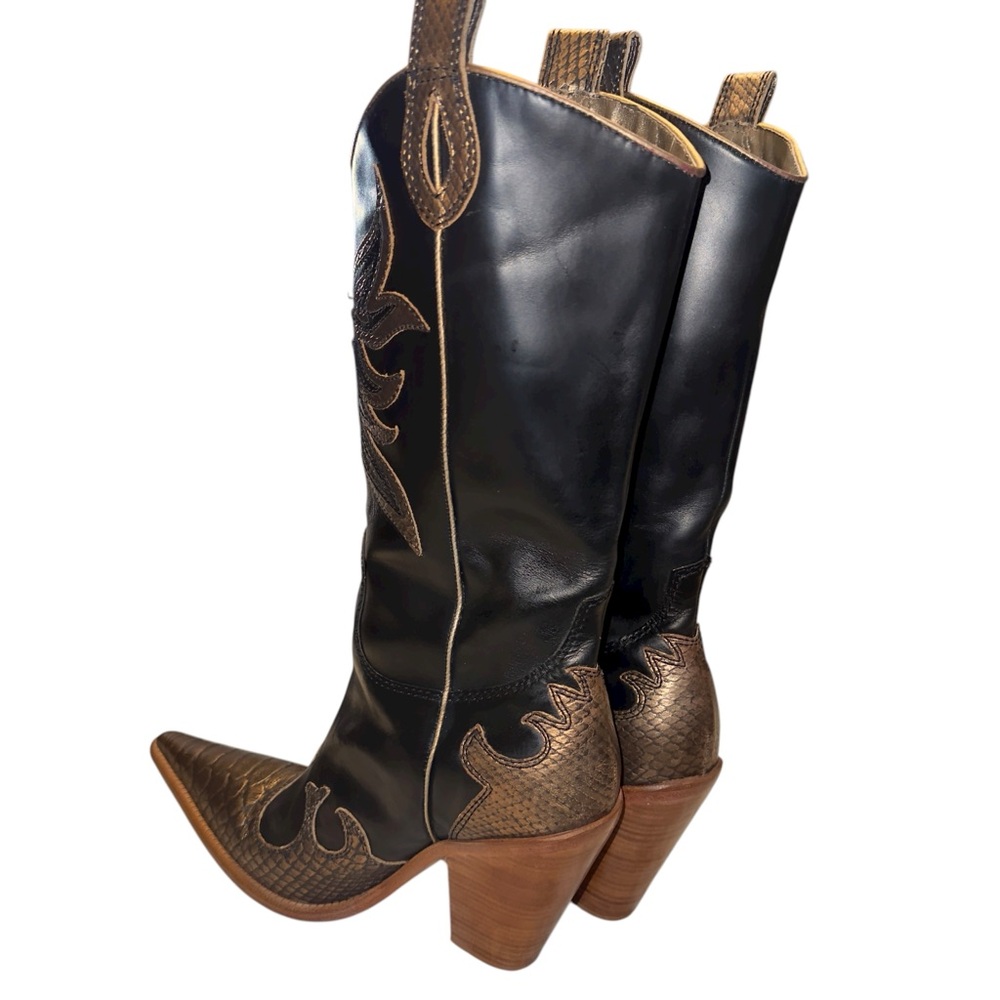Para Raio Brazil 70’s Western Giddy Up Black Gold Metallic Leather Cowboy Boots - Picture 9 of 17